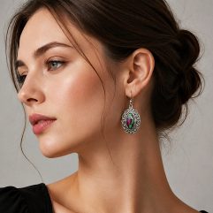 European model wearing ruby in azurite dangle earrings (ERA1) with a black top on a light gray studio background.