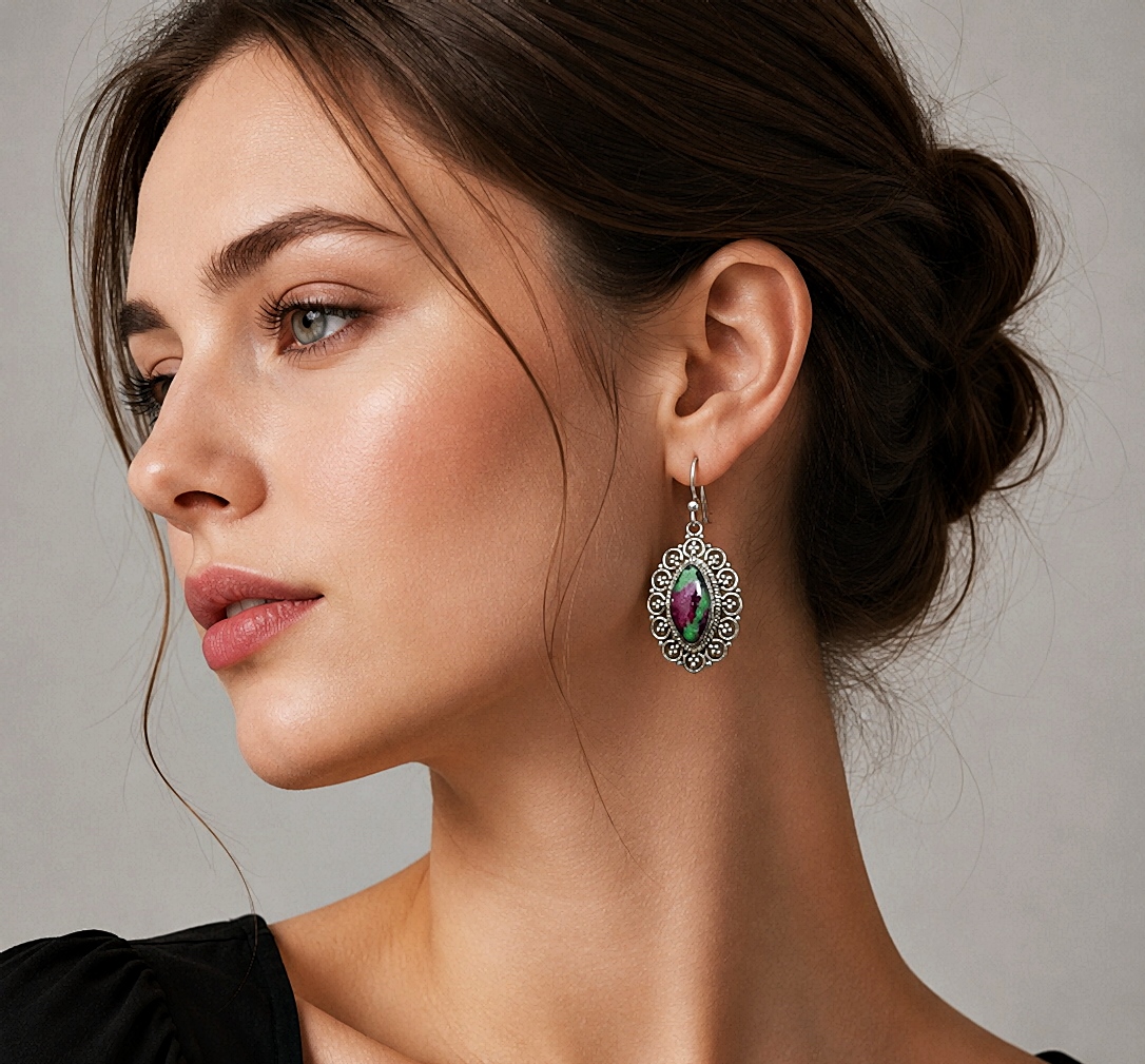 European model wearing ruby in azurite dangle earrings (ERA1) with a black top on a light gray studio background.