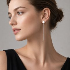 European model wearing handmade 925 sterling silver drop square bar earrings with a black top on a light gray studio background.