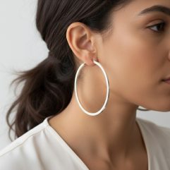A close-up profile view of a woman wearing large 65mm handmade 925 sterling silver hoop earrings with a sleek square tube profile.