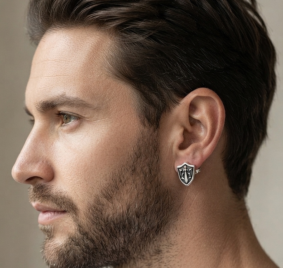 Profile shot of a model wearing the sterling silver sword and shield stud earrings.