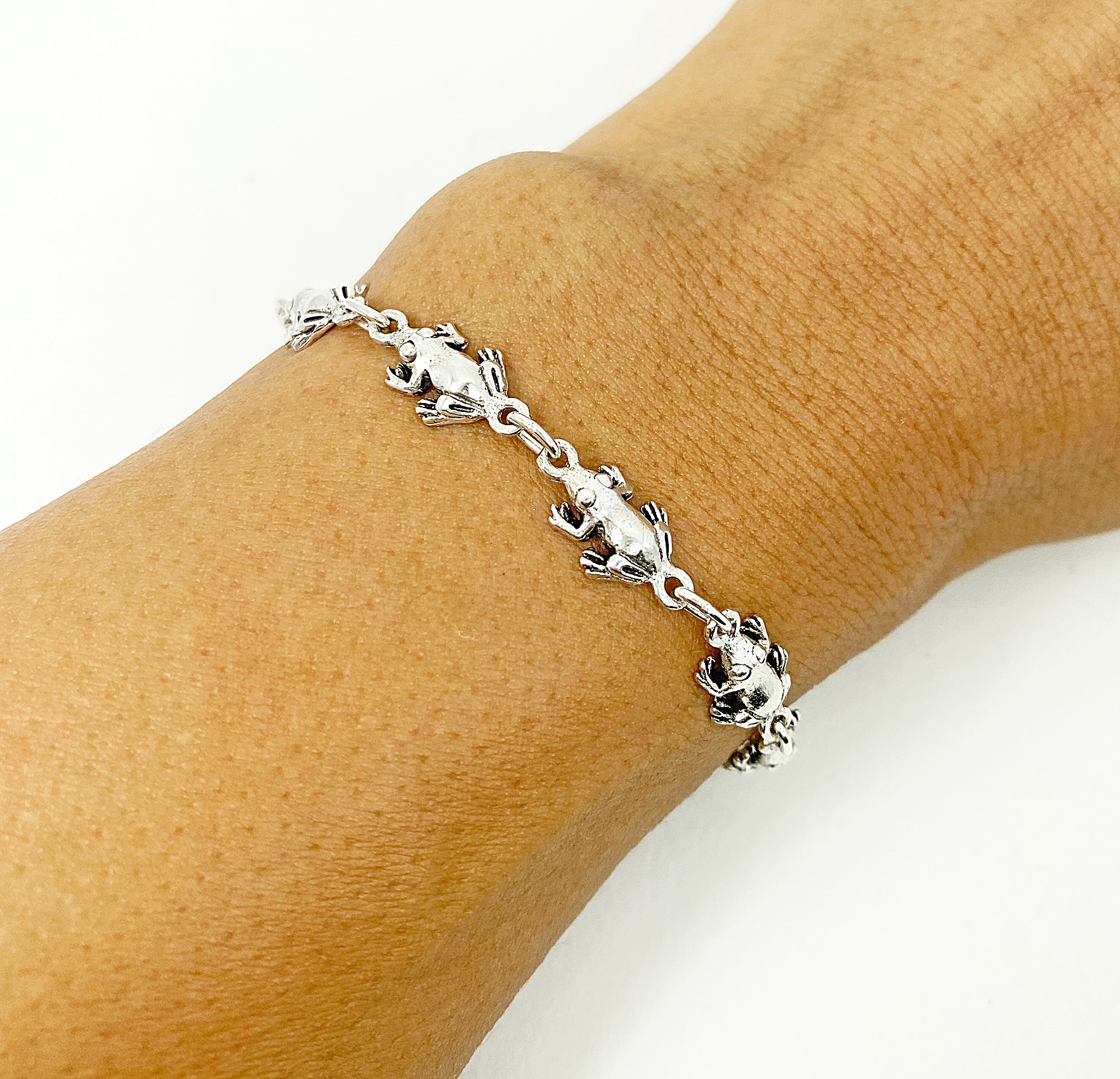 925 Sterling Silver Frog Link Chain Bracelet | Handmade Animal Jewelry