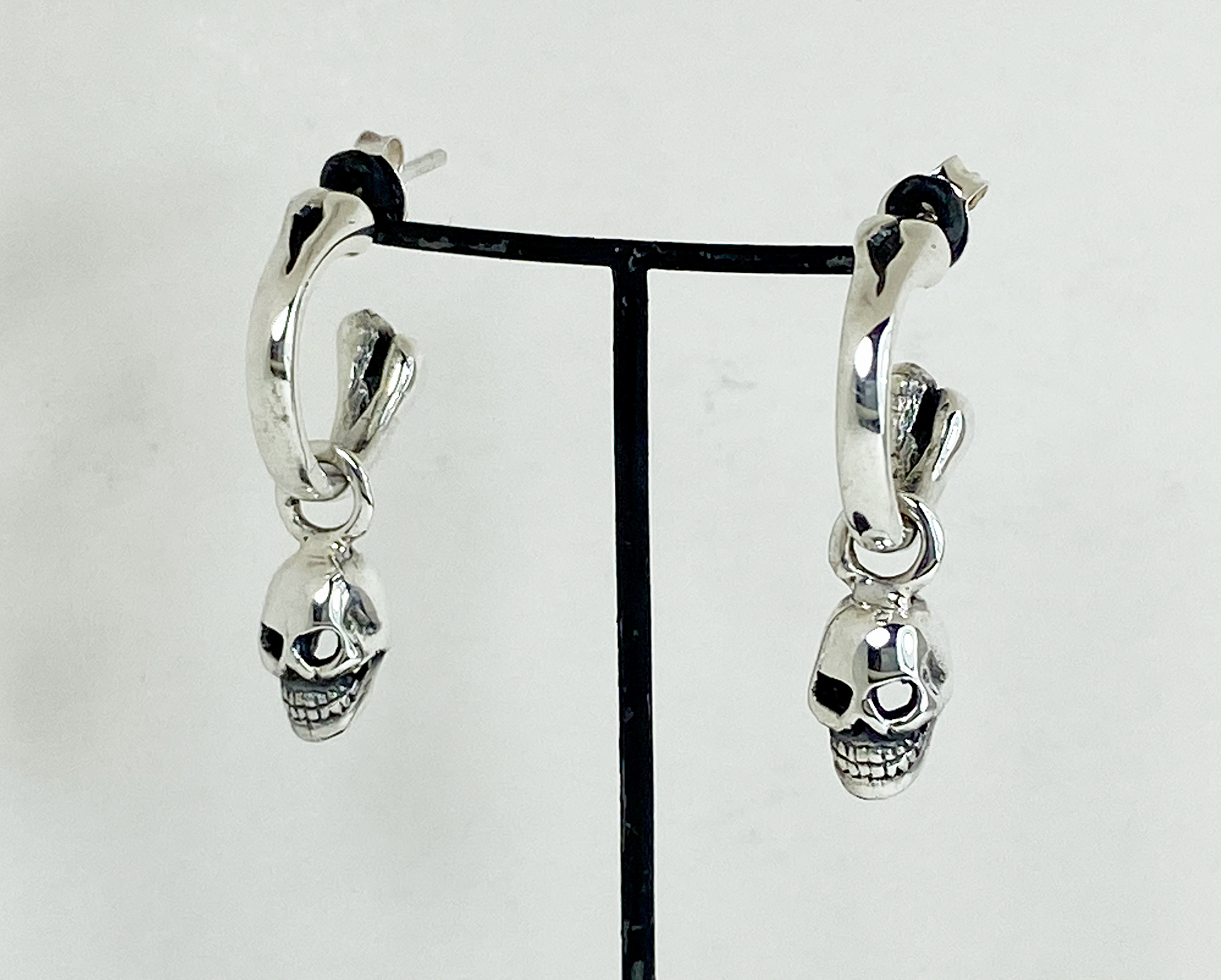 silver skull earrings Gothic skull charms silver hoop earrings