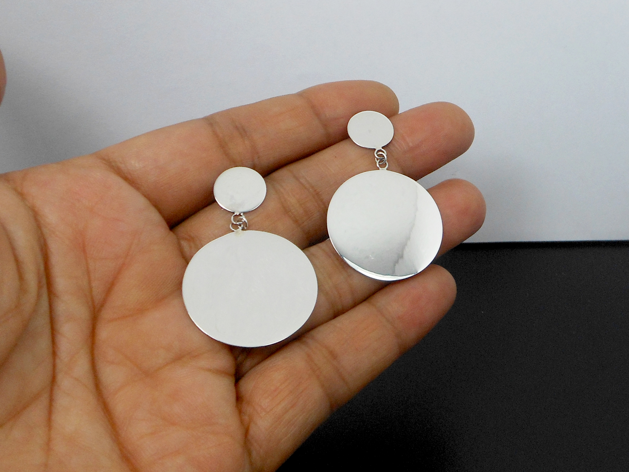 Large Disc Stud Earrings 925 Sterling Silver | Handmade Round Drop Earrings - Image 3