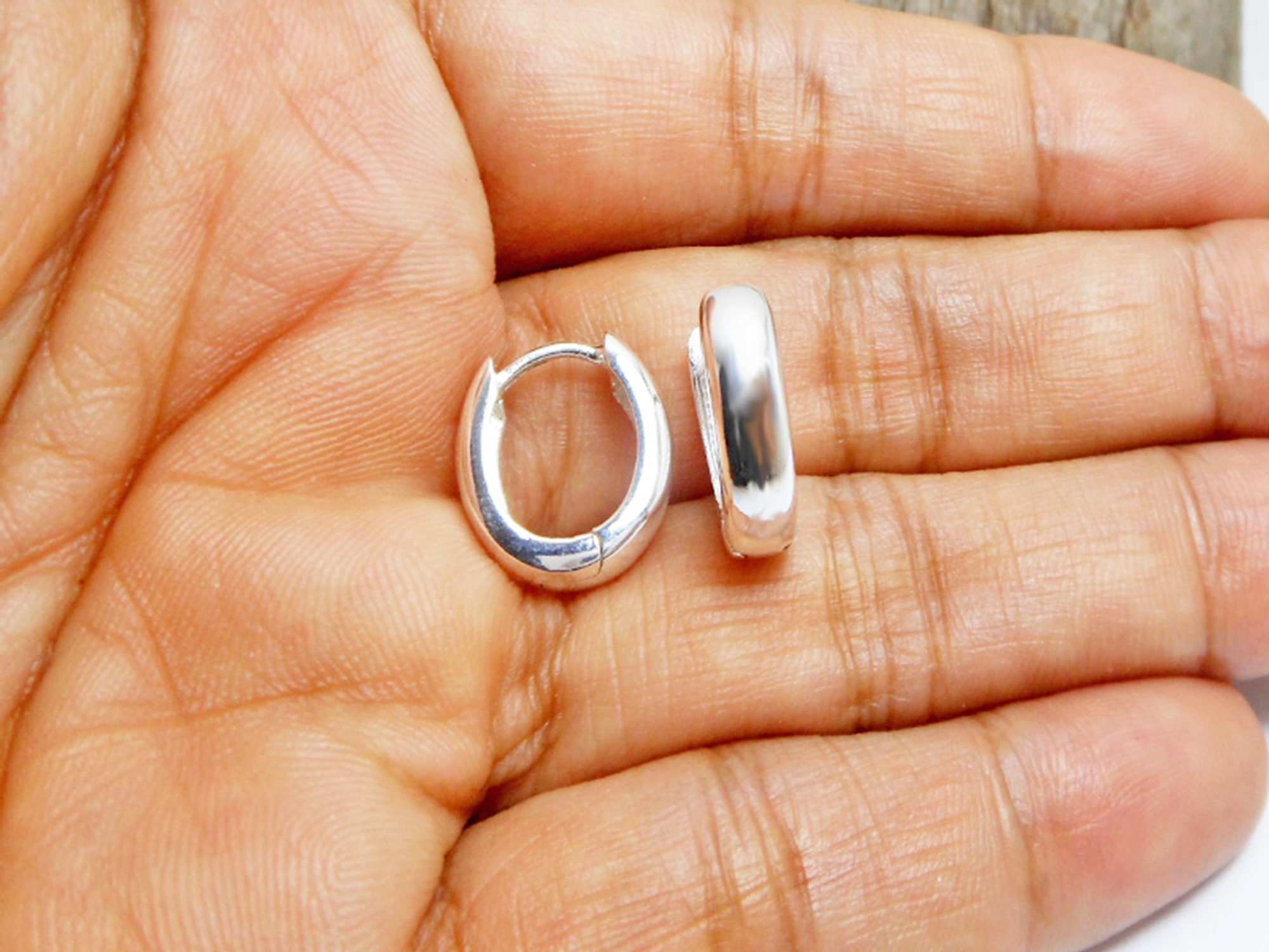 Oval Huggie Earrings – 925 Sterling Silver 4mm Wide Unisex Handmade Hoops - Image 3