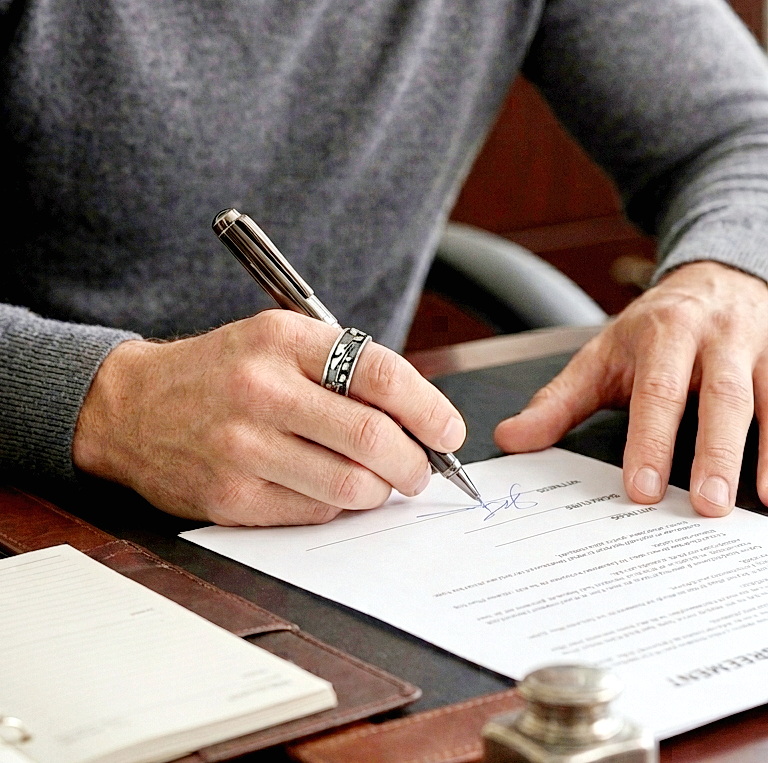 Lifestyle shot of a man wearing a silver ring while signing papers with a pen at a wooden office desk.