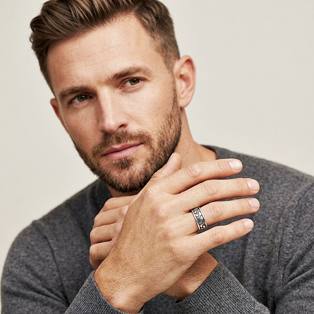 Studio portrait of a male model wearing a silver leaf pattern ring on his index finger.