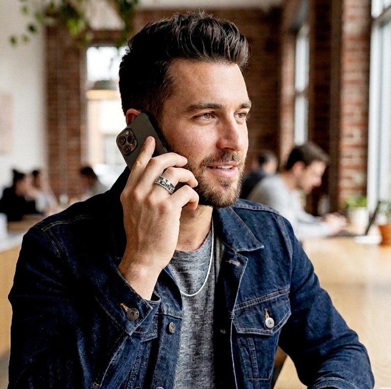 A man wearing a denim jacket and a silver leaf ring talking on his smartphone in a cafe setting.