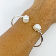 Sup Silver Large White Pearl End Cuff Bracelet 925 Sterling Silver, Handmade Women Pearl Bangle