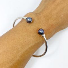 Sup Silver Black Pearl End Cuff Bracelet 925 Sterling Silver, Handmade Double Pearl Bangle