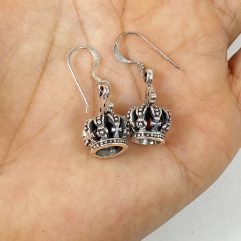 Sup Silver 3D Royal Crown Earrings 925 Sterling Silver, Handmade Royal Tiara Drop Earrings