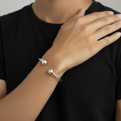 Sup Silver Adjustable Ball End Cuff Bracelet, 925 Sterling Silver Handmade Open Bangle