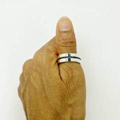 Unique minimalist cross ring handcrafted from 925 sterling silver, showcased as a main view on a model's finger by Sup Silver.