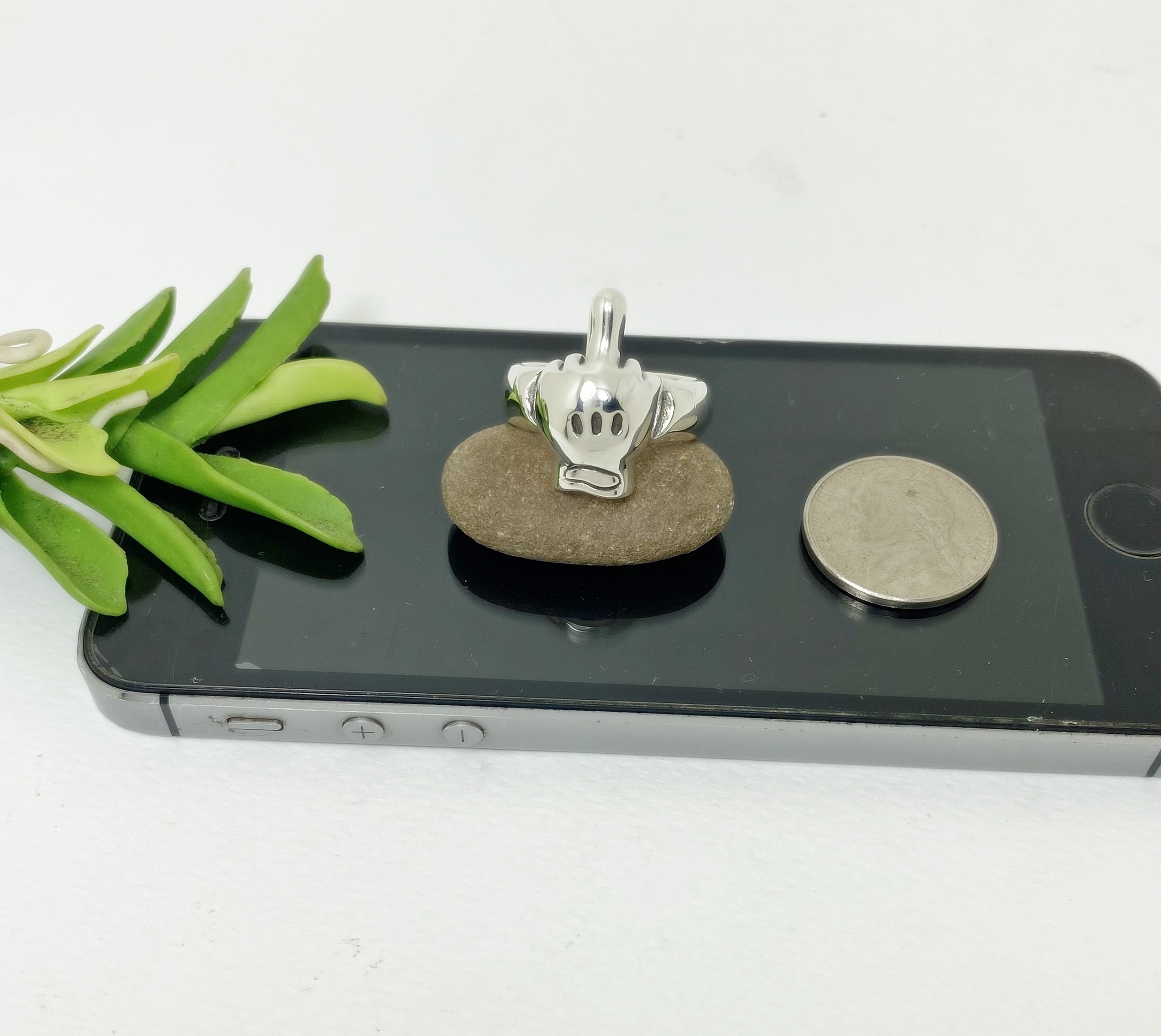 r308h-cartoon-hand-skull-ring-handcrafted-925-silver Size comparison of r308 cartoon hand skull ring next to a coin, handcrafted 925 sterling silver by Sup Silver.