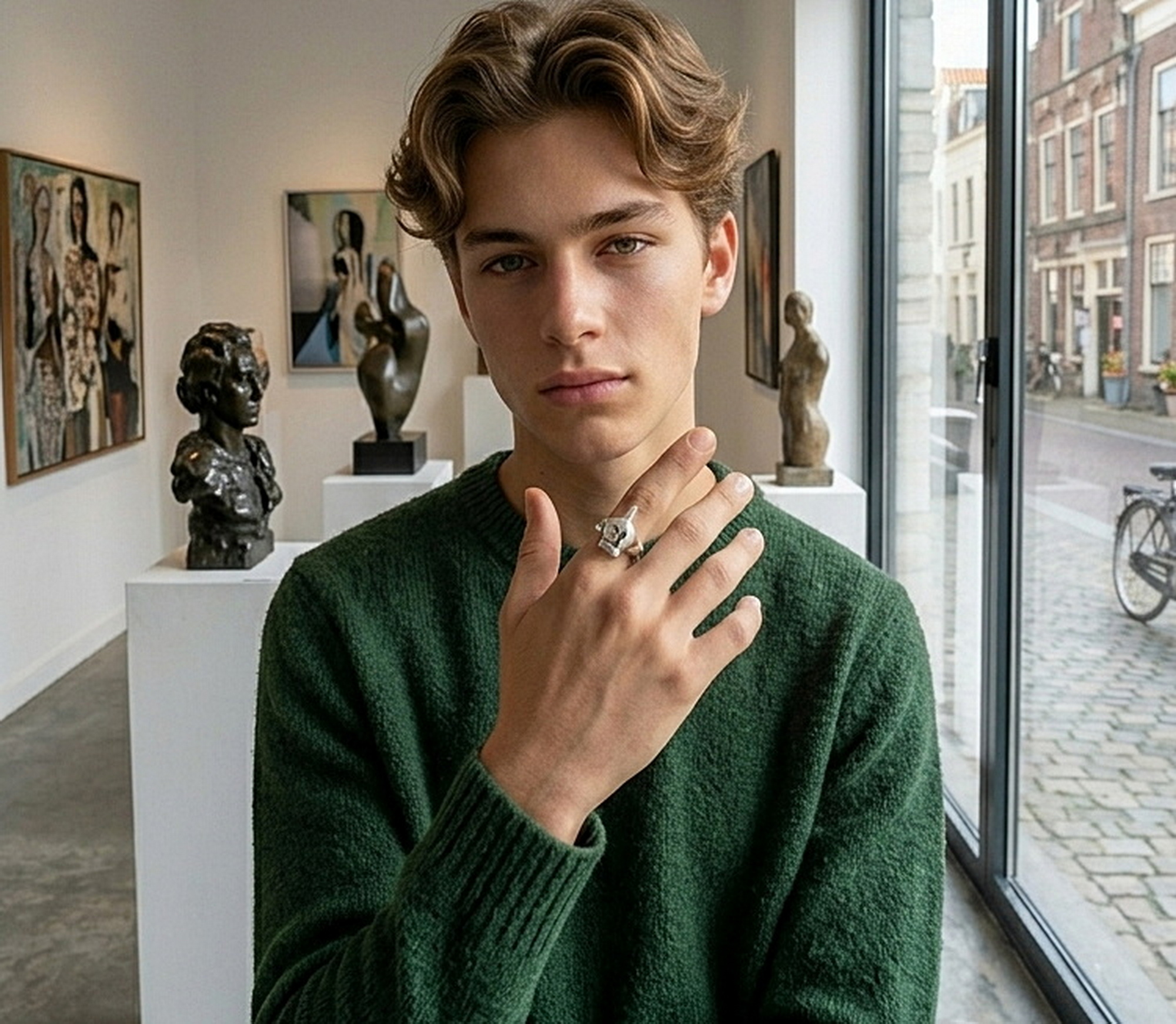 r308i-cartoon-hand-skull-ring-handcrafted-925-silver-on-model Unique middle finger cartoon hand skull ring handcrafted from 925 sterling silver, showcased on a model's finger by Sup Silver.