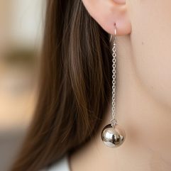 925 sterling silver ball drop line dangle earrings being worn by a model.