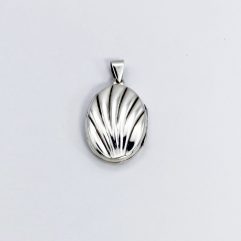 Studio product shot of the front cover of a shell-textured photo locket pendant in solid 925 sterling silver.