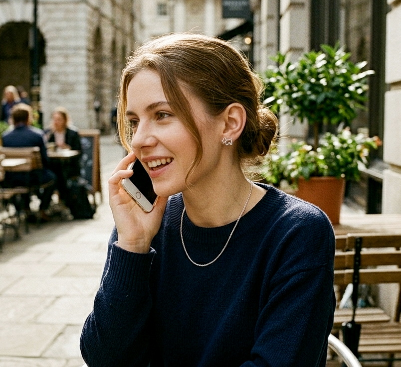 woman at outdoor cafe wearing minimalist scottie dog jewelry while talking on phone