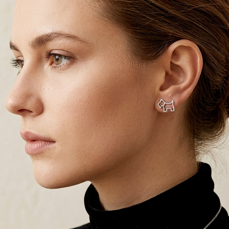european female model wearing 925 sterling silver scottish terrier dog stud earrings