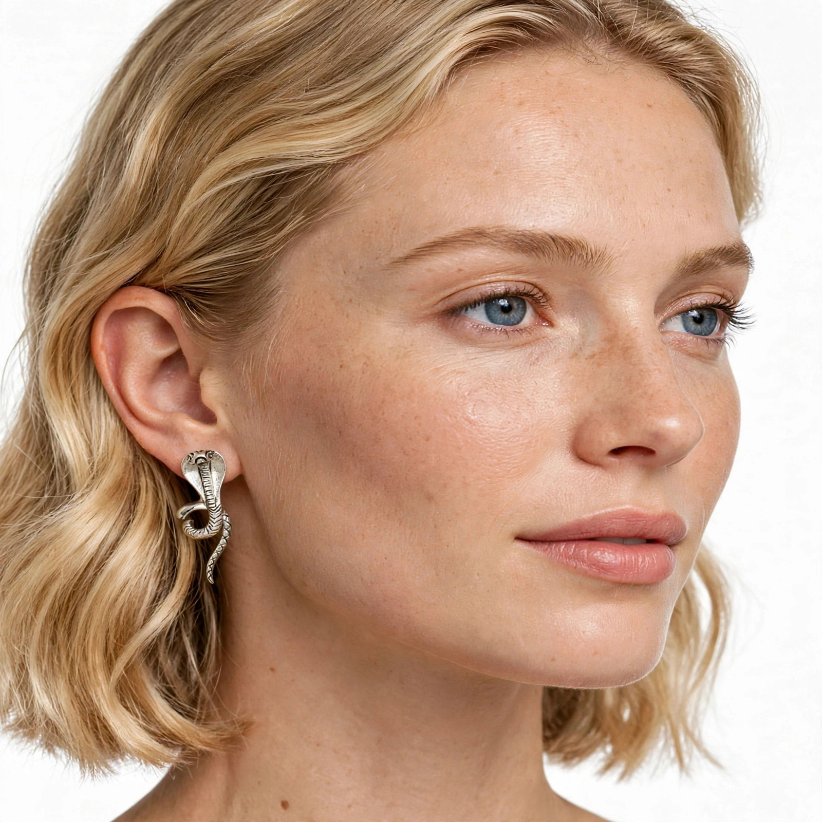 Front-facing view of a model wearing the 925 sterling silver king cobra snake earring jackets.
