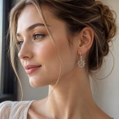 Profile view of a woman wearing the sterling silver ship wheel dangle earrings while holding a phone to her ear.