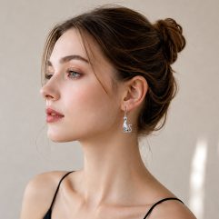 Side-profile view of a model wearing the polished 925 sterling silver sitting cat dangle earrings.