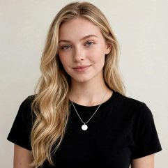 A full portrait of a young woman with long wavy blonde hair, smiling at the camera and wearing an 12mm plain sterling silver round disc pendant on a matching chain over a simple black t-shirt.
